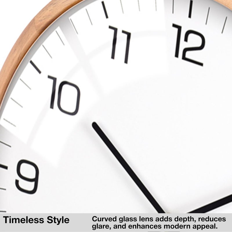 Driini Analog Dome Glass Wall Clock (12") - Wood Frame with White, Modern Face - Battery Operated with Non Ticking Hands - Large Decorative Clocks for Classroom, Office, Living Room, or Bedrooms. - Image 3